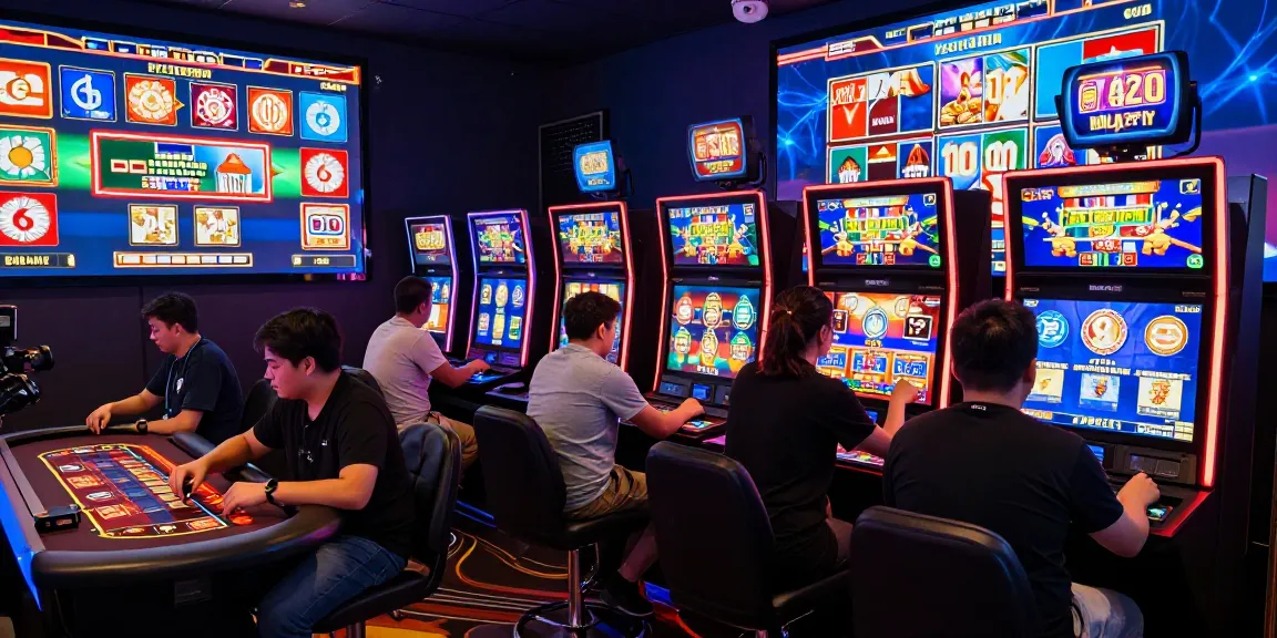 Des joueurs s'amusant sur un casino en ligne, affichant des jeux colorés et une ambiance immersive.