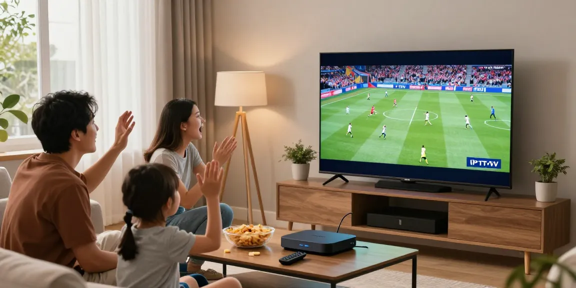 Regardez la TV avec un abonnement IPTV, famille réunie devant un écran large, ambiance chaleureuse.