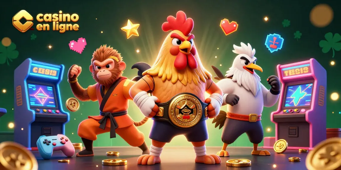 Jouer au casino en ligne avec des personnages de combat et des éléments de jeu dans une illustration colorée.