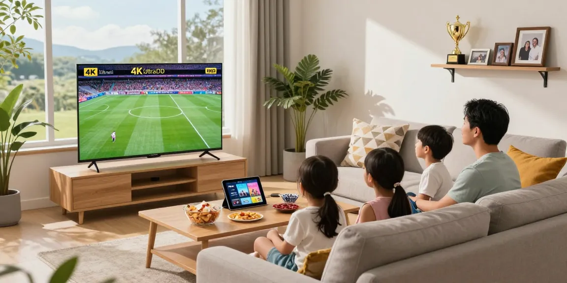 Regardez un abonnement IPTV en famille dans un salon moderne avec une télévision 4K Ultra HD.