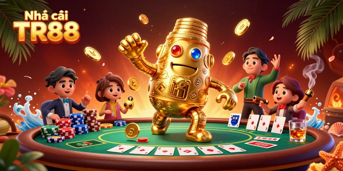 Engage in casino thrills with Nhà cái TR88 featuring a golden golem amidst dynamic gaming elements.