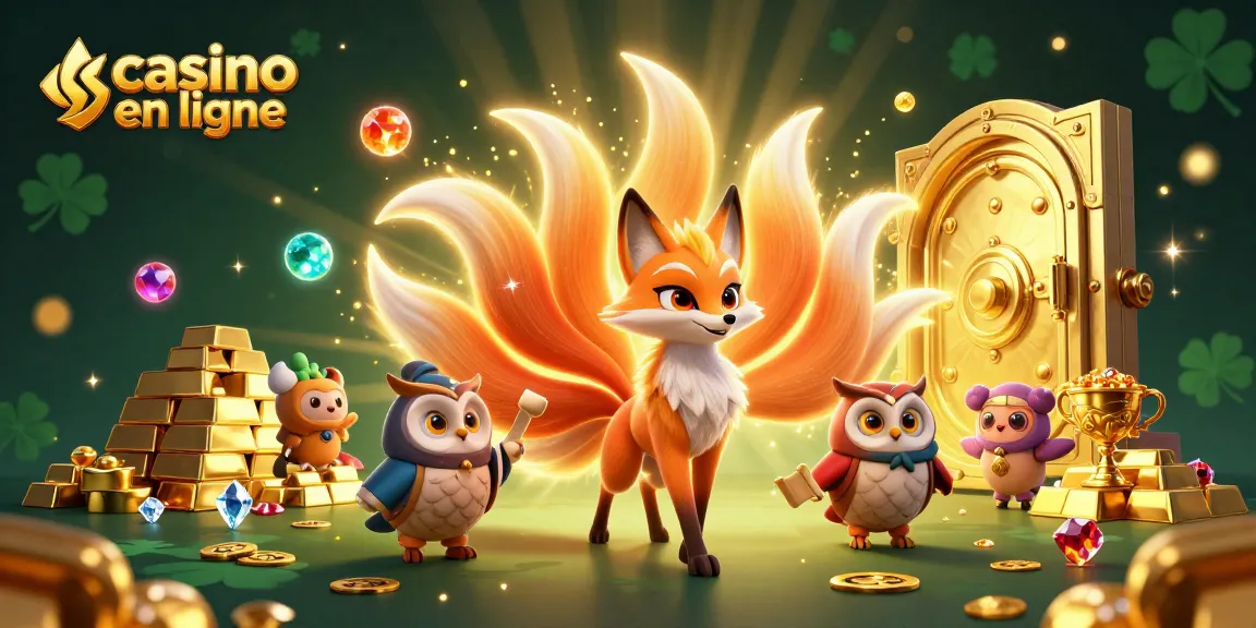 Expérimentez le casino en ligne avec une illustration 3D captivante d'un esprit renard à neuf queues et un hibou sage.