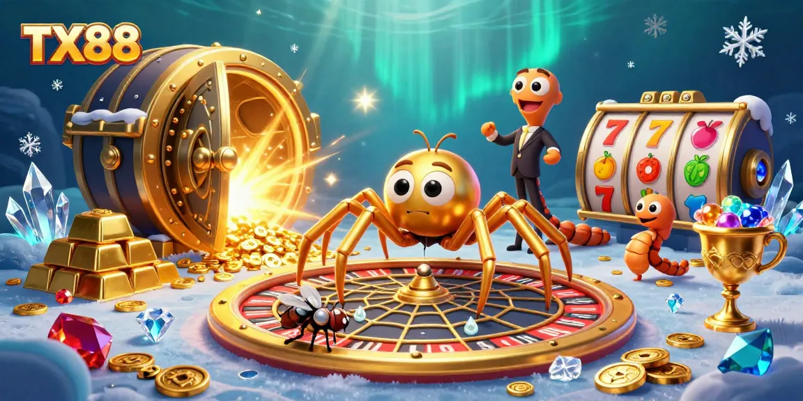 Experience thrilling action with TX88 as the golden spider and croupier spin a roulette wheel in a captivating casino scene.