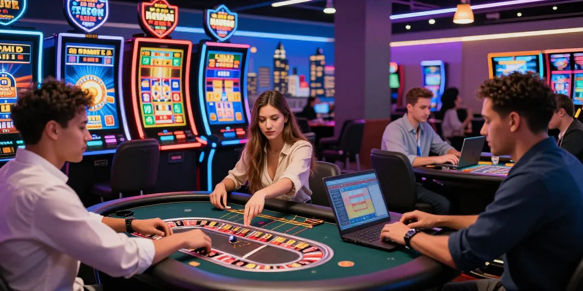Scène de joueurs enthousiastes dans un casino en ligne, jouant à la roulette et aux machines à sous.