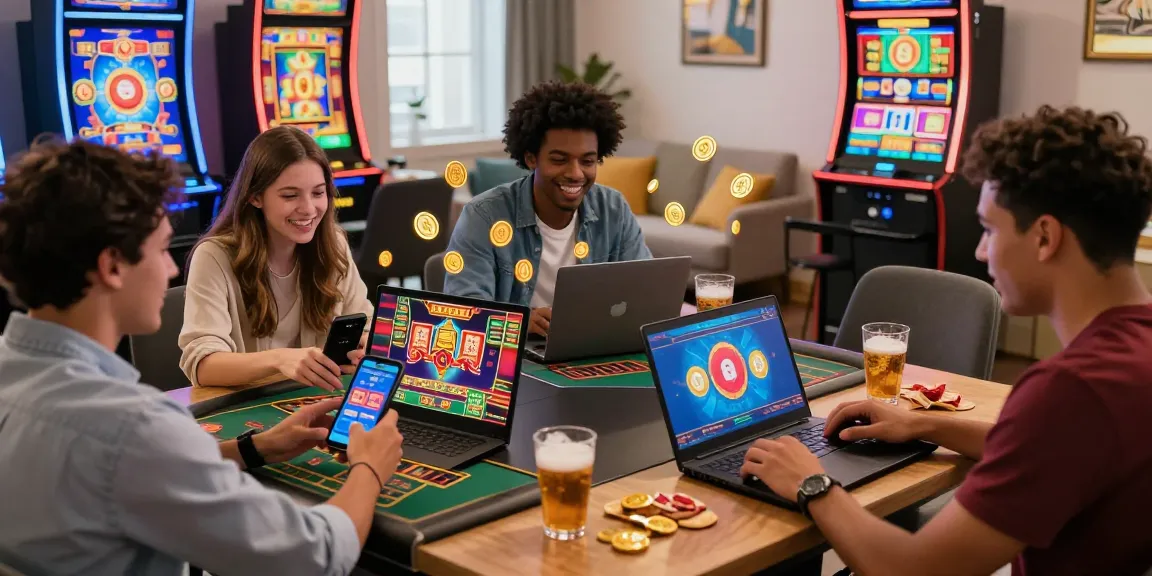 Expérience de casino en ligne avec des amis, jouant sur des appareils modernes, ambiance colorée et dynamique.