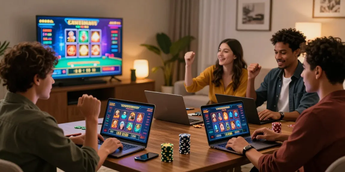Jeux de casino en ligne avec des joueurs dans un salon moderne, ambiance conviviale et chaleureuse.