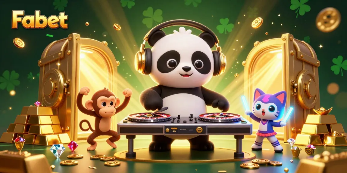 Experience thrilling gaming at Fabet with vibrant 3D cartoon characters celebrating on a dynamic casino floor.
