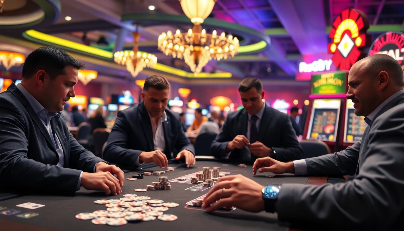 Pari sportif rugby avec des joueurs misant des jetons dans un casino animé.