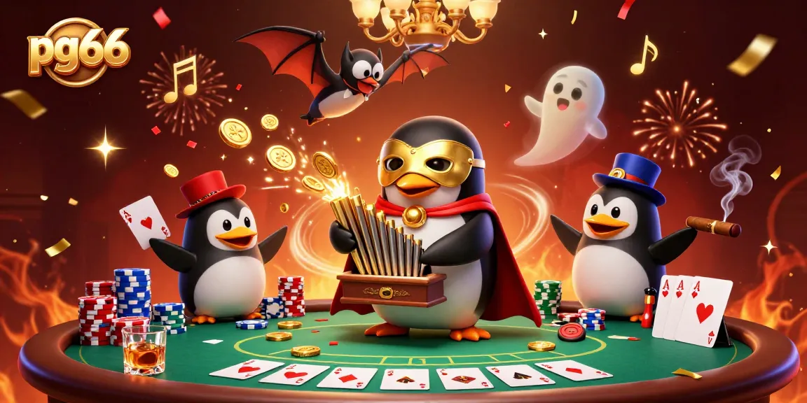 Experience the excitement of pg66 casino with a cartoon penguin and poker elements in a dynamic scene.