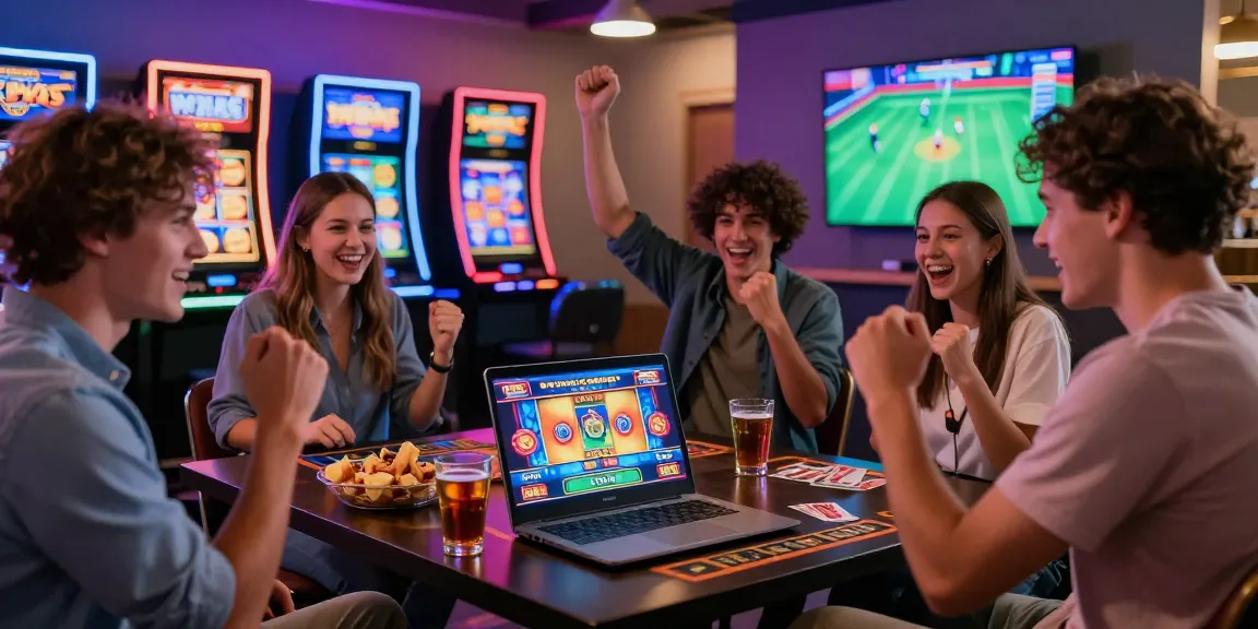 Amis jouant à un casino en ligne avec des machines à sous et des jeux de cartes.