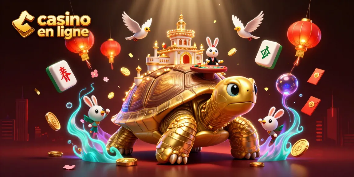 Casino en ligne : Découvrez un monde vibrant où une tortue dorée abrite un casino animé avec un croupier et des oiseaux d'argent.