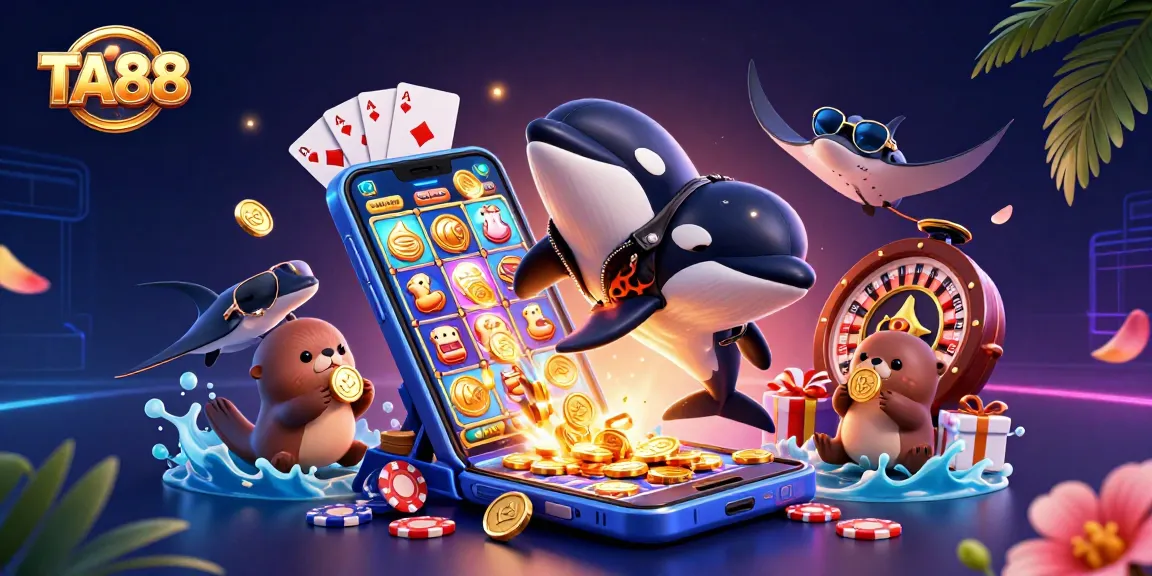 TA88 casino scene featuring a jumping orca, stingray, and sea otters with coins.