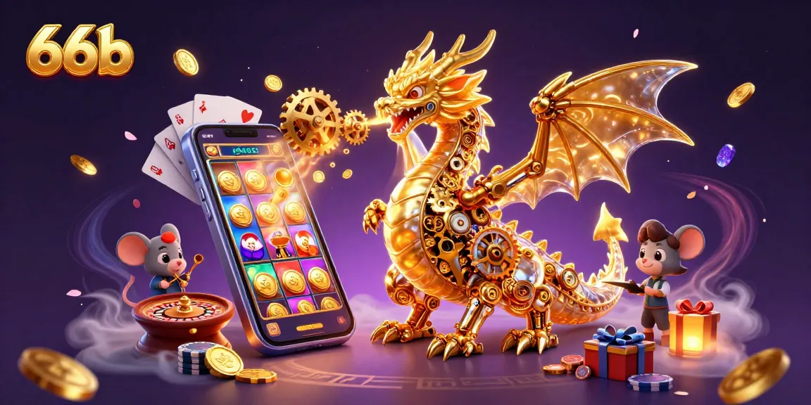 Play engaging games at 66b with a golden dragon amidst vibrant casino elements.