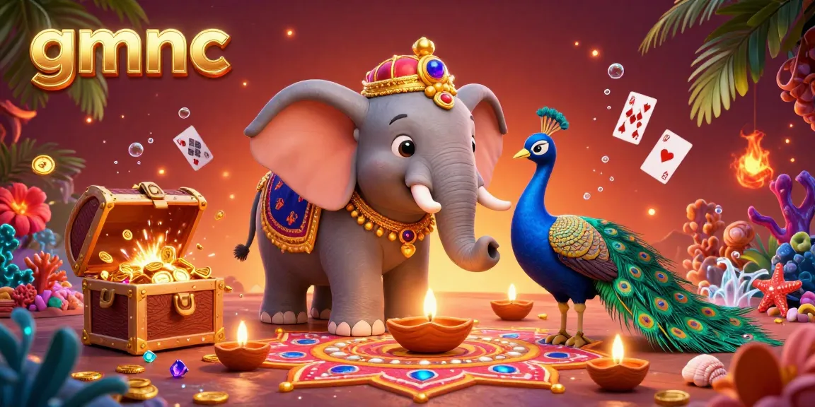 Play games at gmnc with a festive 3D elephant and peacock under a vibrant atmosphere.