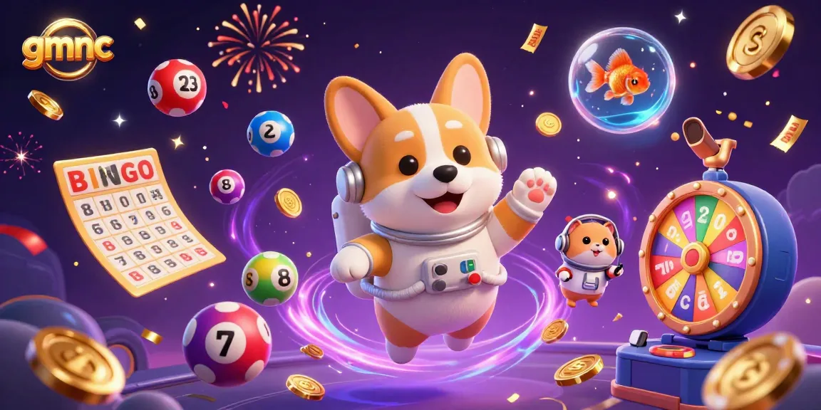 Spin and win with gmnc as colorful lottery balls bounce around a vibrant space casino scene.