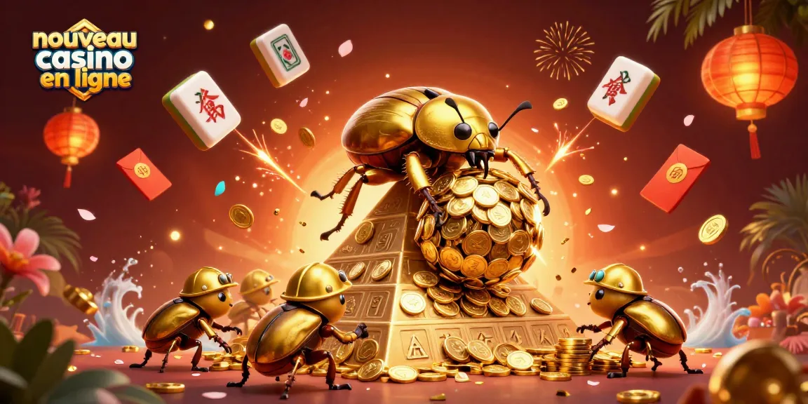 Illustration dynamique d'un nouveau casino en ligne avec des scarabées dorés et des éléments de jeux envoûtants.