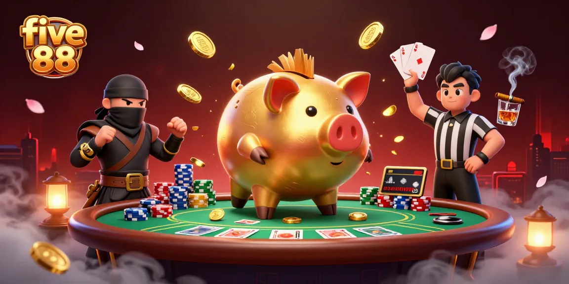 Experience exciting poker action with five 88, featuring a golden piggy bank sumo wrestler and vibrant casino elements.