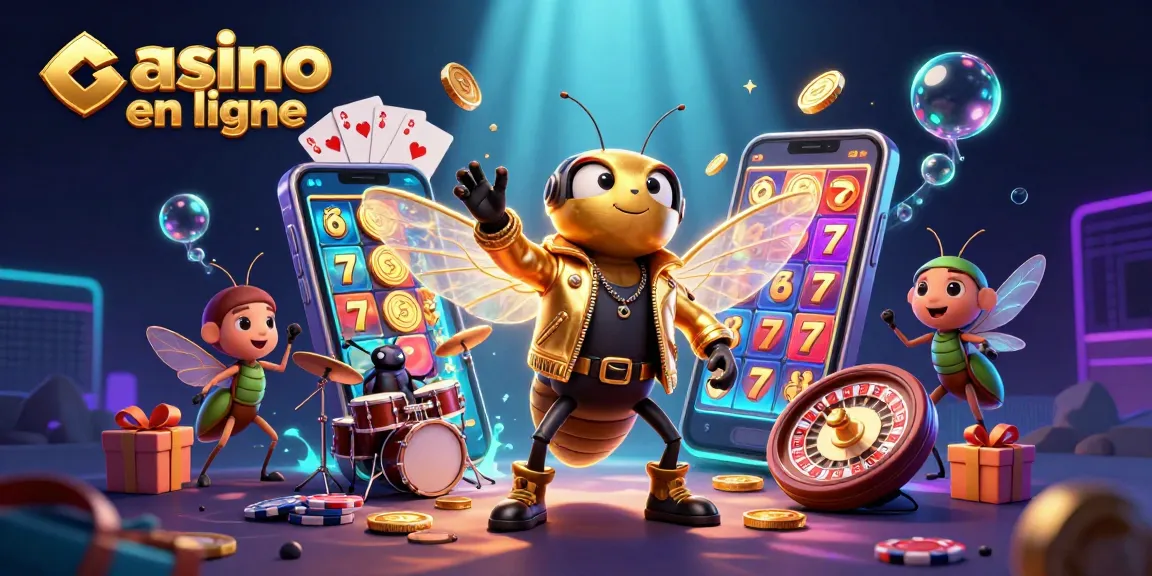 Une scène dynamique avec un casino en ligne vibrant, mettant en vedette des jeux de machines à sous et de poker.