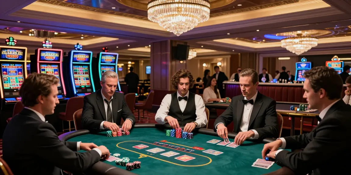 Scène de casino en ligne avec des joueurs concentrés, jetons colorés et ambiance luxueuse.