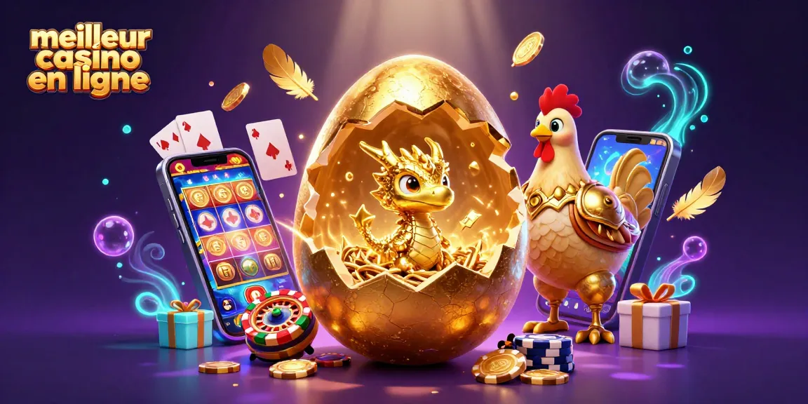 Découvrez le meilleur casino en ligne avec un dragon doré sur des jetons de poker et des jeux en fête.