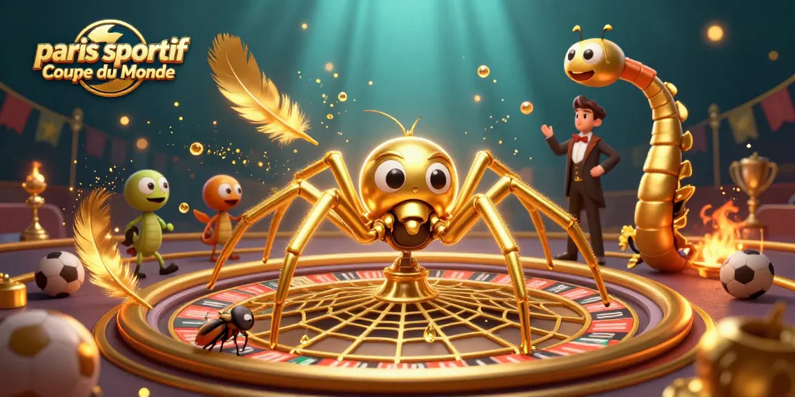 Découvrez les paris sportifs Coupe du Monde sous un angle vibrant avec une araignée dorée et des symboles de l'événement.