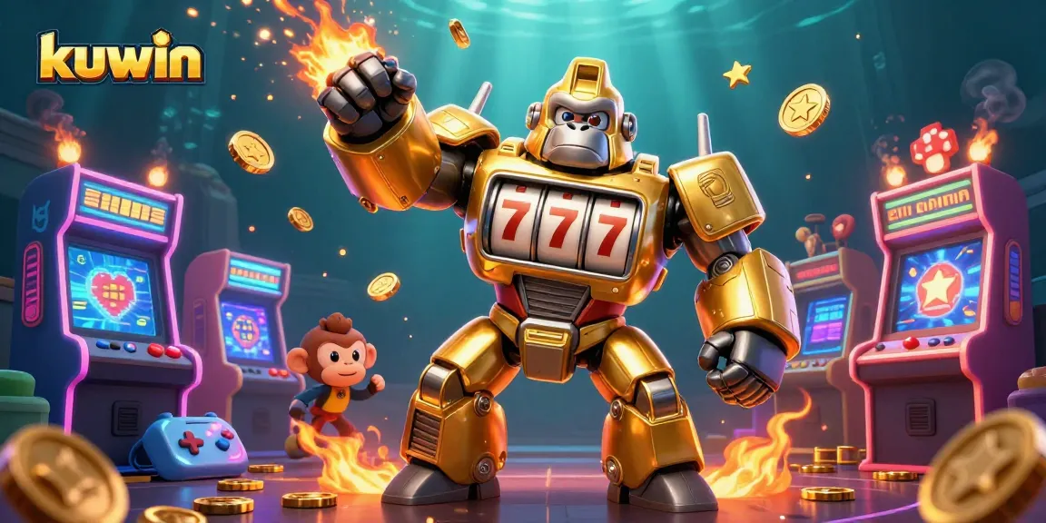Kuwin's golden gorilla mech displays jackpot allure with vibrant gaming elements.