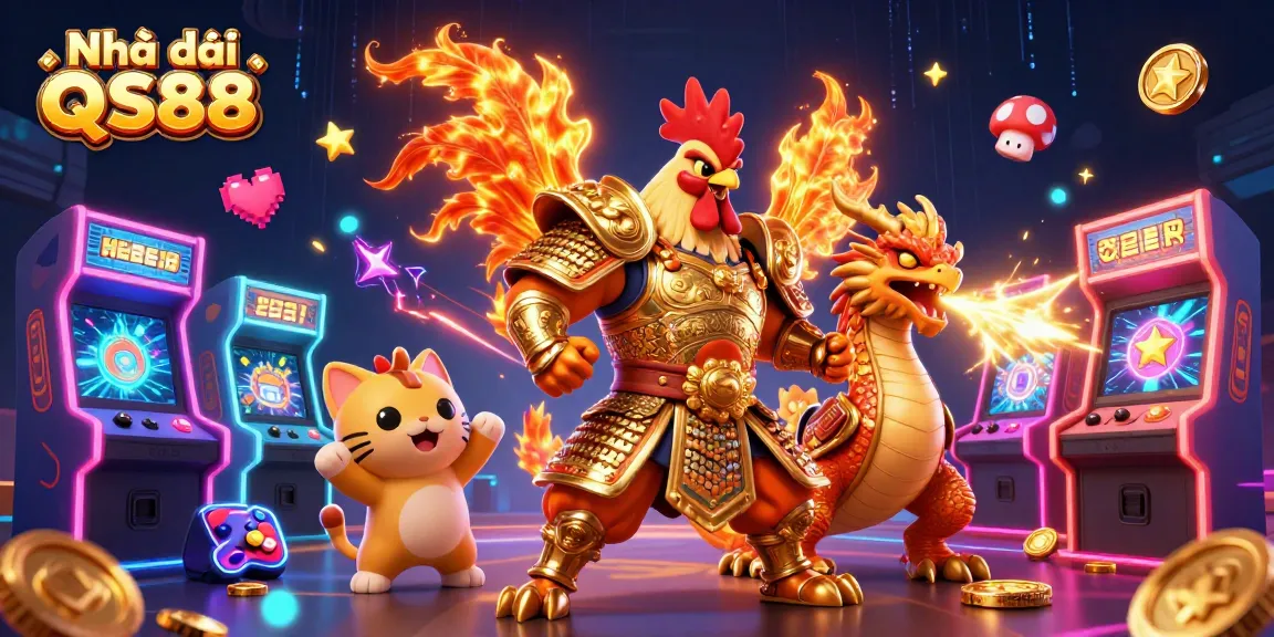 Engaging scene of Nhà cái QS88 featuring a rooster warrior and dragon hatchling amid neon gaming elements.