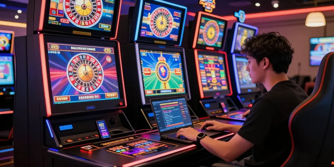 Un joueur expérimentant un casino en ligne, entouré de machines à sous numériques et graphiques colorés, ambiance de jeu conviviale.