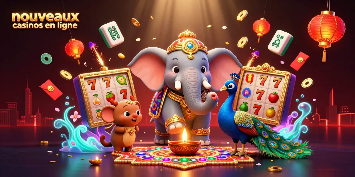 Jouez aux nouveaux casinos en ligne avec une illustration vibrante d'un éléphant coloré et des machines à sous dynamiques.