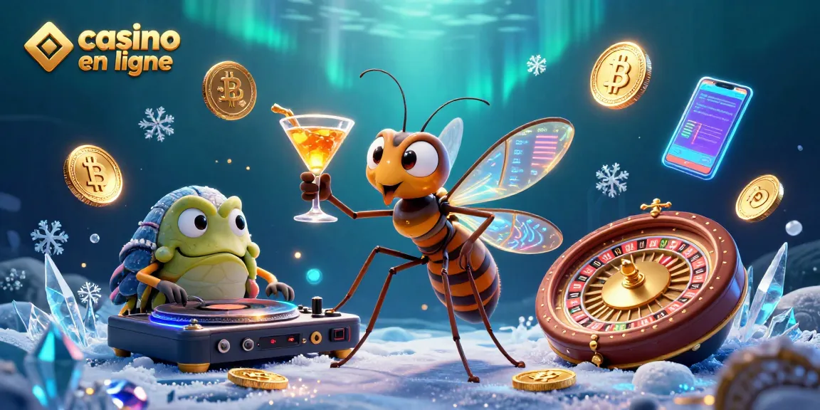 Découvrez un vibrant monde de casino en ligne avec un moustique mascotte et des éléments de crypto-monnaie.