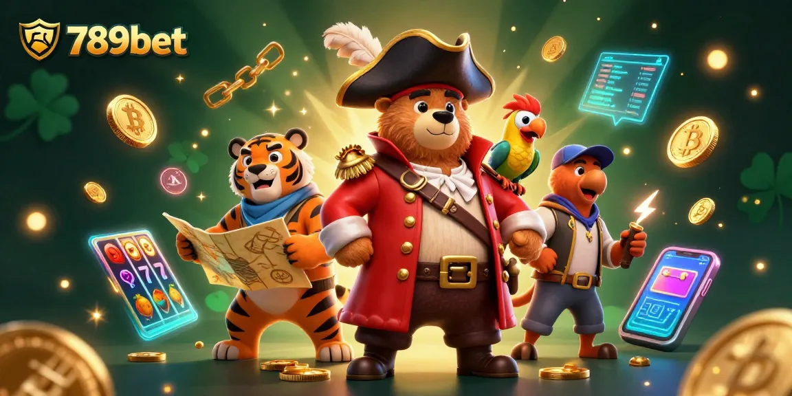 789bet pirate casino scene featuring a bear, tiger, and golden parrot amidst Bitcoin and slot symbols.