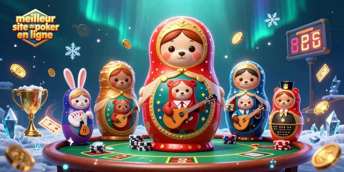 Vainqueurs sur le meilleur site de poker en ligne avec des ours de matriochka, une ambiance festive de poker illuminée par des éléments de jeu.