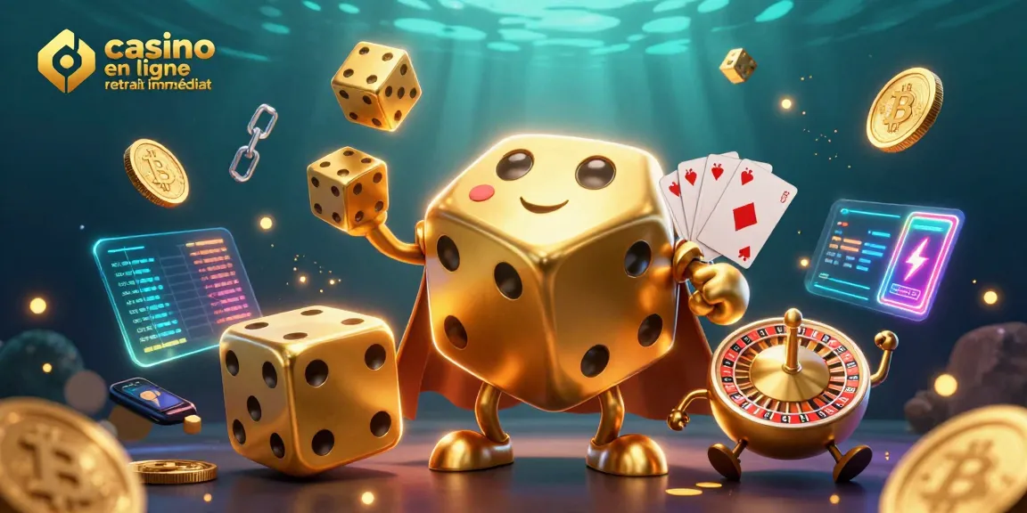 Interagissez avec le casino en ligne avec retrait immédiat grâce à notre illustration dynamique de dés et cryptomonnaies.