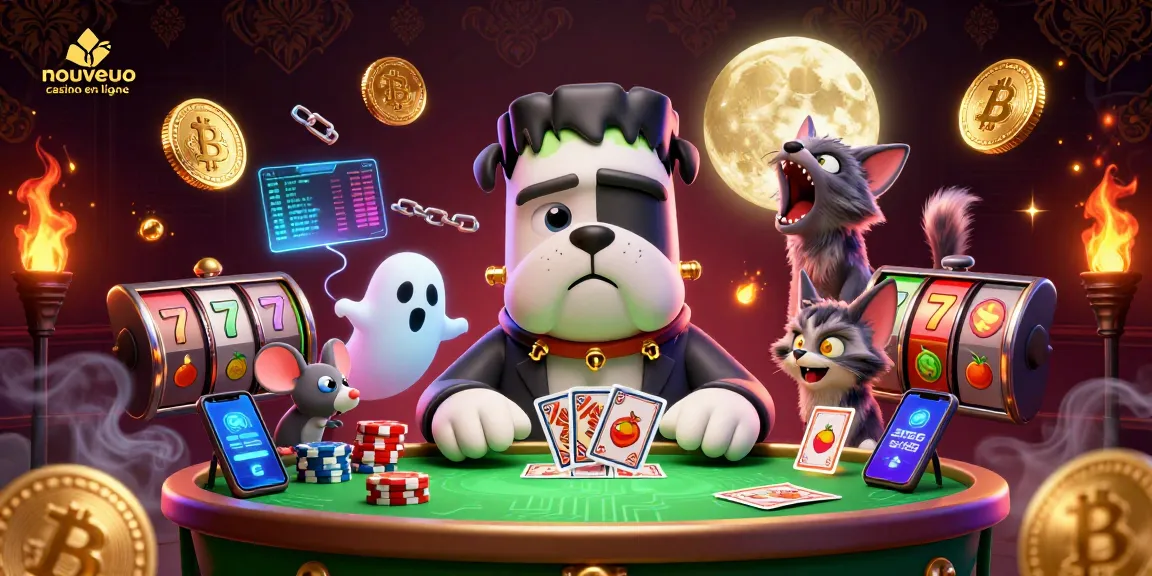 Illustration dynamique de nouveau casino en ligne avec des personnages captivants et des éléments de jeux de cartes.