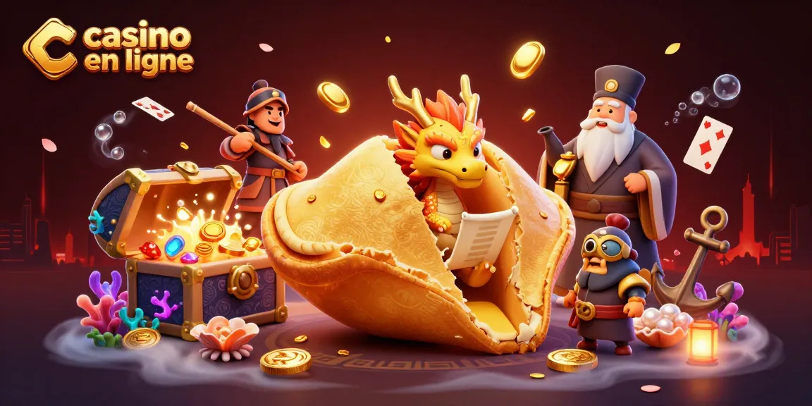 Jouez au casino en ligne avec cette illustration captivante d'un biscuit fortune doré et dragon sage dans un monde de trésors.
