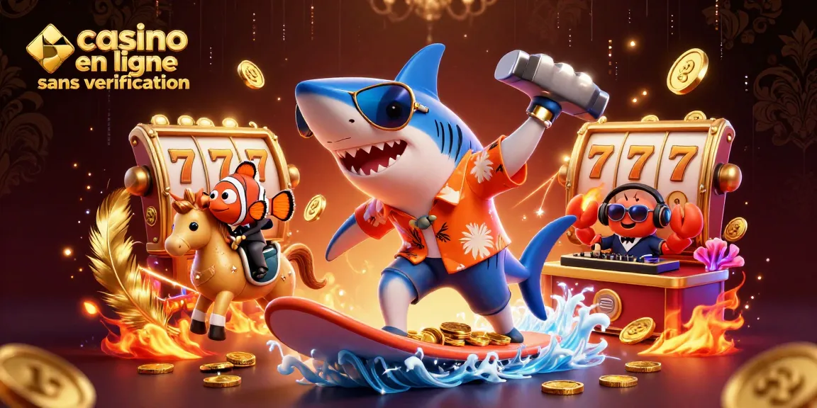 Découvrez un casino en ligne sans vérification avec un requin et un poisson clown jouant sur des pièces d'or.
