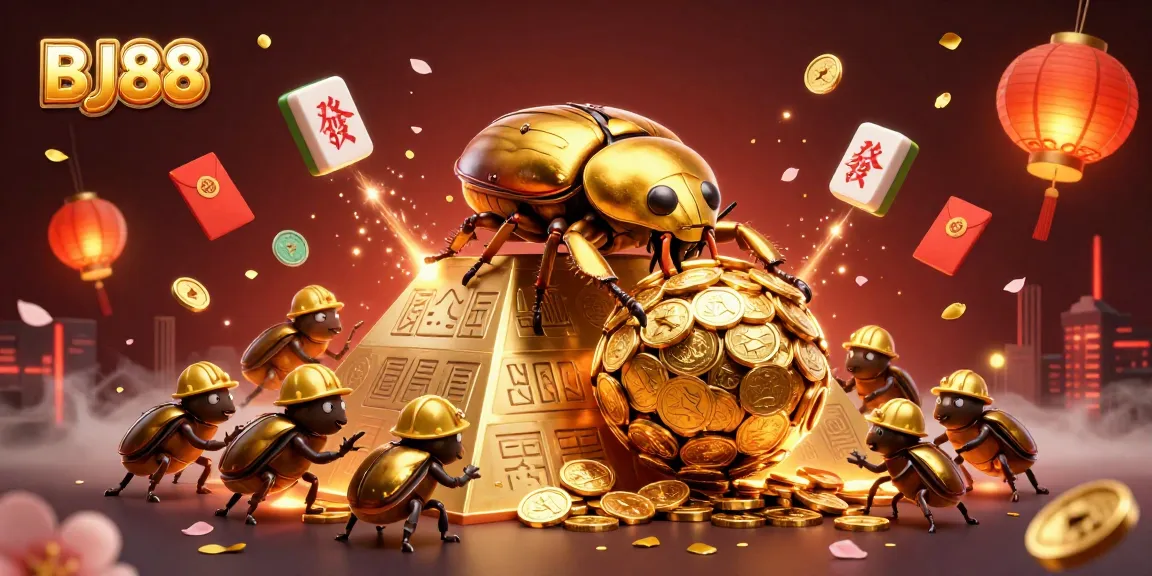 Experience dynamic gameplay at BJ88 with a golden beetle rolling coins in a vibrant casino scene.