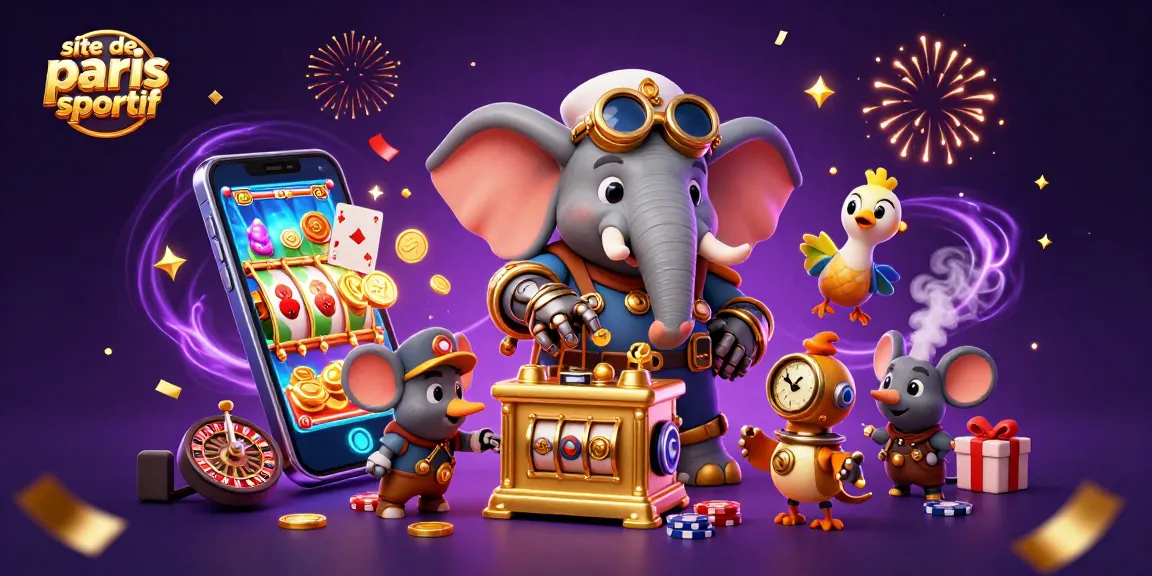 Animations de jeux sur un site de paris sportif avec un éléphant steampunk et des éléments dorés