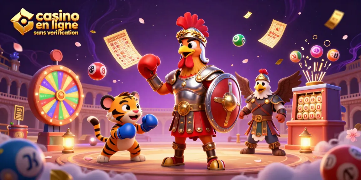 Jouer au casino en ligne sans vérification avec une illustration de gladiateur et des éléments de loterie colorés.