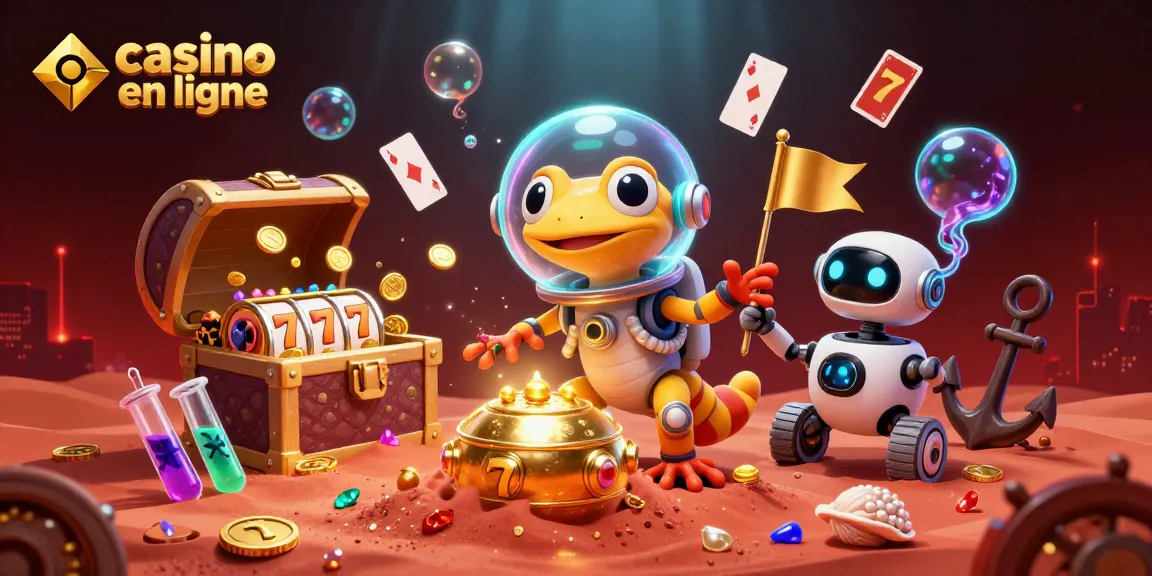 Profitez de l'adrénaline des jeux au casino en ligne avec un gecko martien découvrant des récompenses dorées.