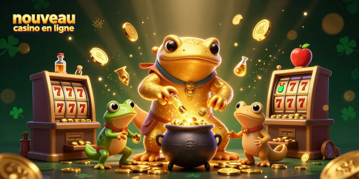 Illustration du nouveau casino en ligne présentant un alchimiste et des personnages ludiques créant des pièces d'or.