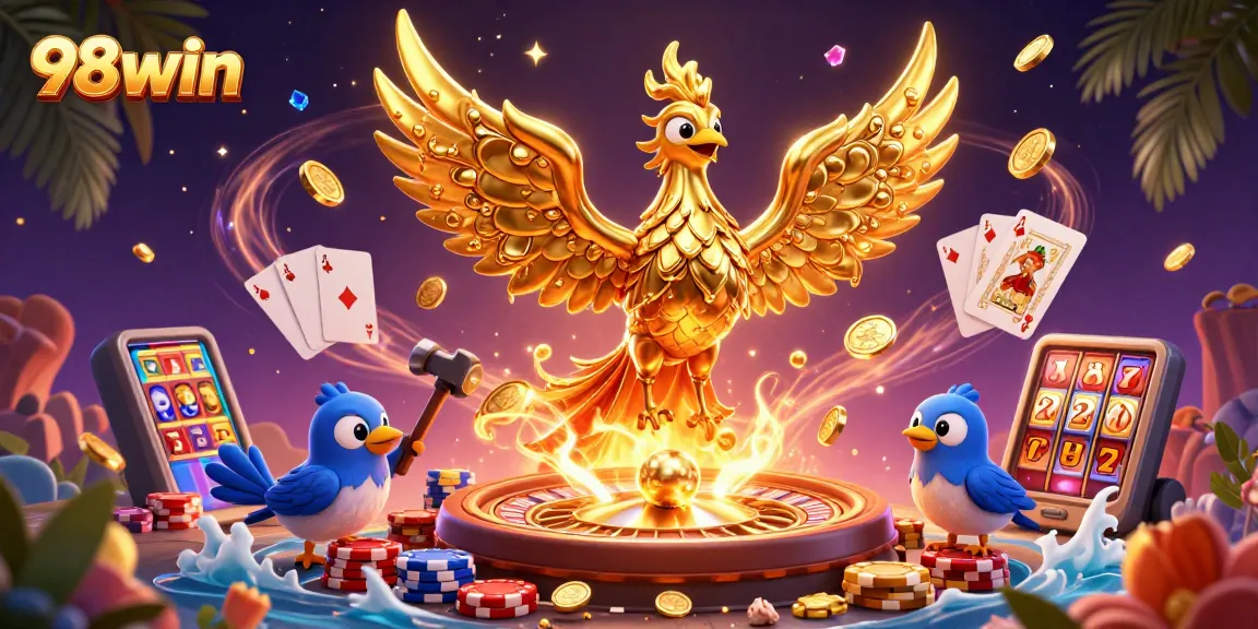 Experience thrilling gameplay at 98win with golden phoenix and cascading coins illustration.