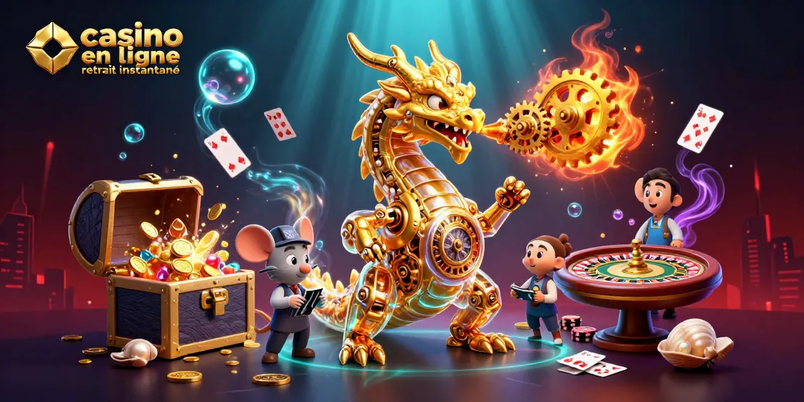 Visualisation dynamique d'un casino en ligne retrait instantané avec un dragon doré et des cartes flottantes.