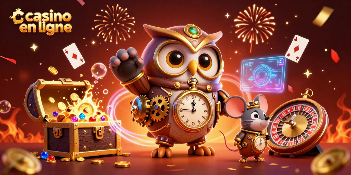 Jouez sur un casino en ligne avec un hibou steampunk, des éléments de jeu et des effets lumineux.