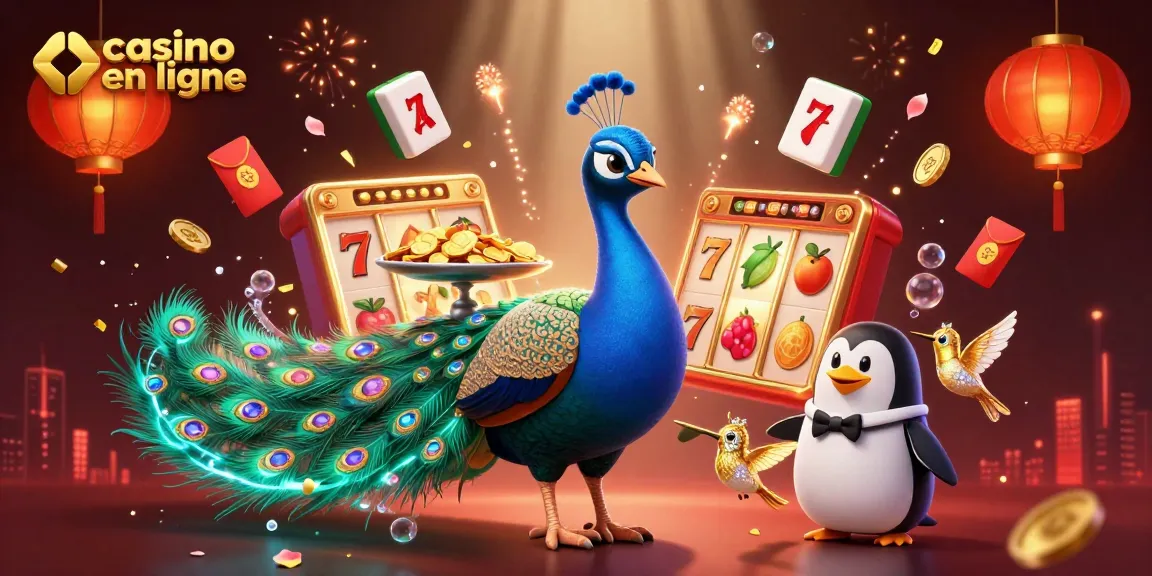 Une scène animée de casino en ligne avec un paon aristocratique et des jetons d'or.