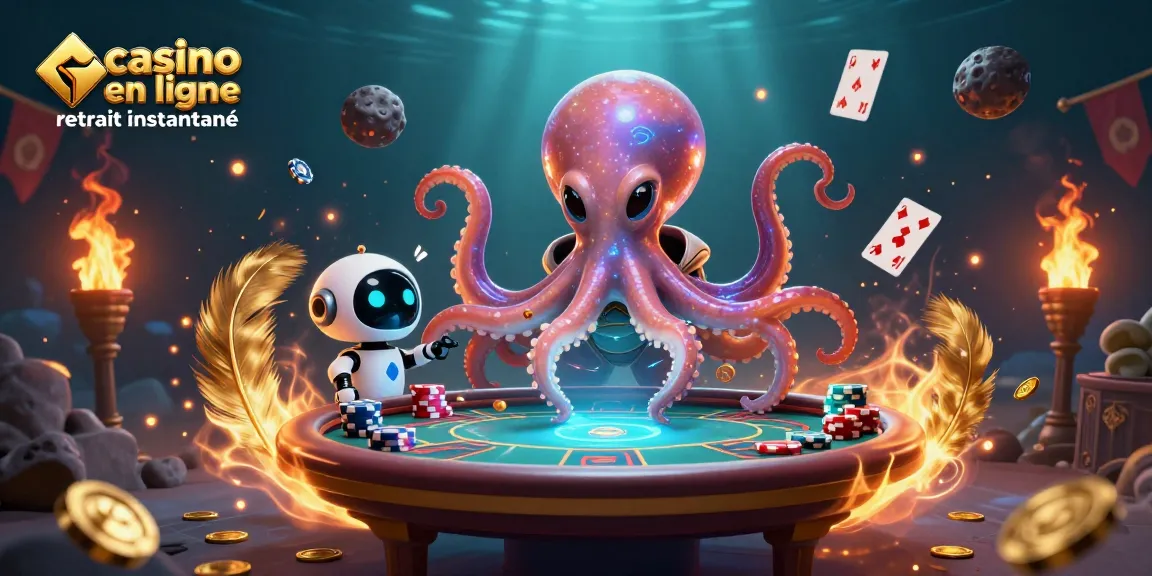 Un octopus extraterrestre joue au poker en ligne avec des jetons orbitaux dans un univers brillant.