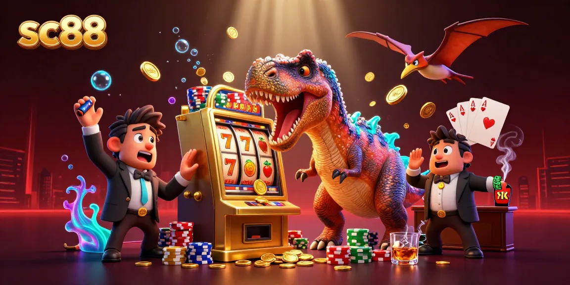 sc88 showcases a lively dinosaur-themed casino scene with a slot machine, poker chips, and golden coins.