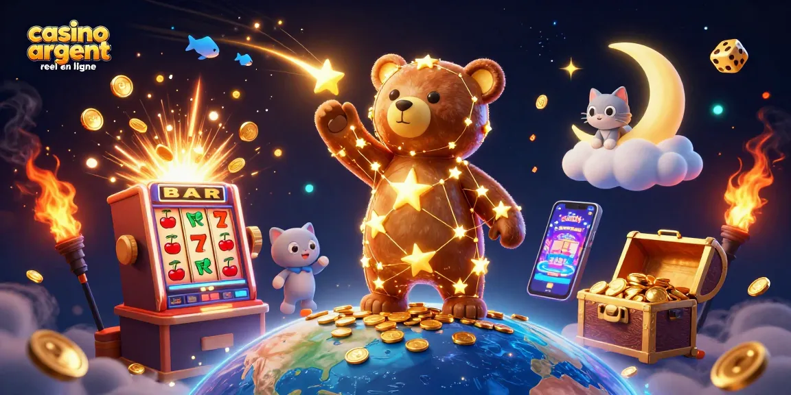 Illustration captivante de casino argent réel en ligne, avec un ours constellation et une machine à sous explosant de pièces.