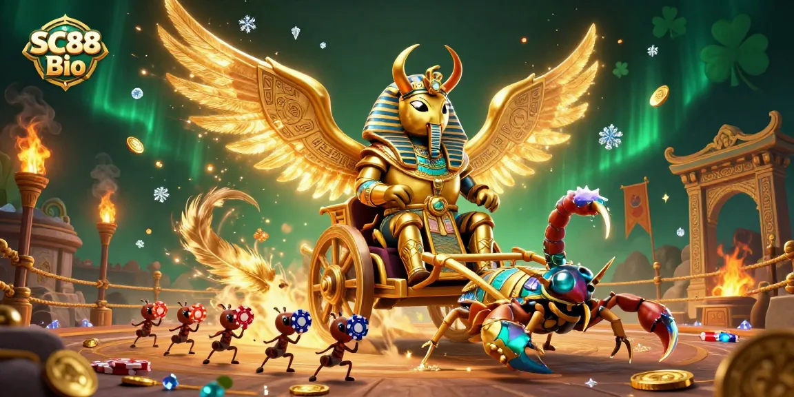 Engage with SC88 Bio as colossal characters battle in a vibrant casino chariot scene.