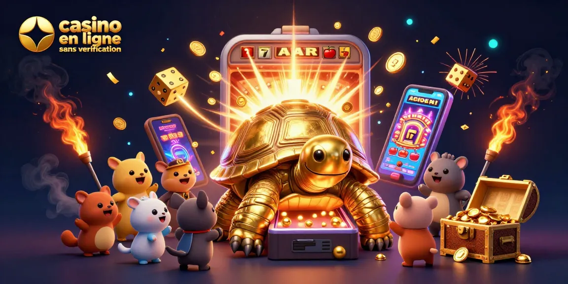 Profitez d'une expérience de jeu dans un casino en ligne sans vérification avec une tortue dorée ludique et des machines à sous éclatantes.